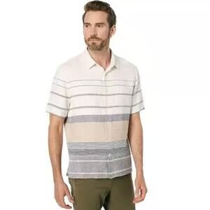 Vince Men's Engineered Stripe Short Sleeve Button Down Shirt White Linen Blend